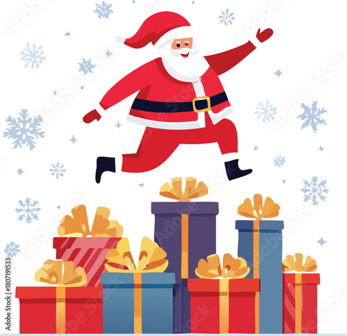 Jolly Santa Claus Leaping Dynamically Over Christmas Presents