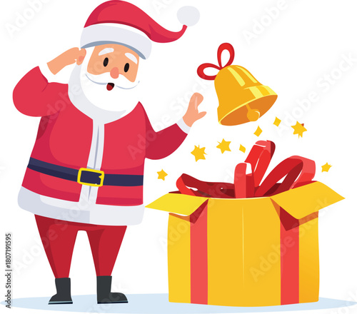 Surprised Santa Claus and Magical Christmas Gift Box with Jingle Bell