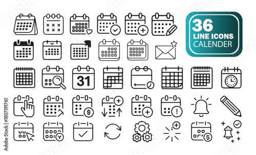 Calendar interface icons, line vector symbols for date reminder schedule and event tracking, minimal illustration pack