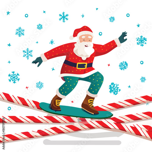 Santa Claus Snowboarding Through Candy Canes