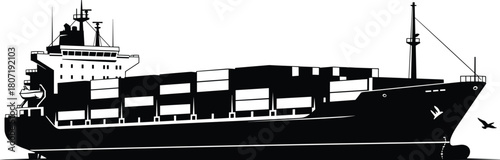 Black and white silhouette of cargo container ship, side view of heavy freighter vessel, maritime transport logistics vector illustration, isolated