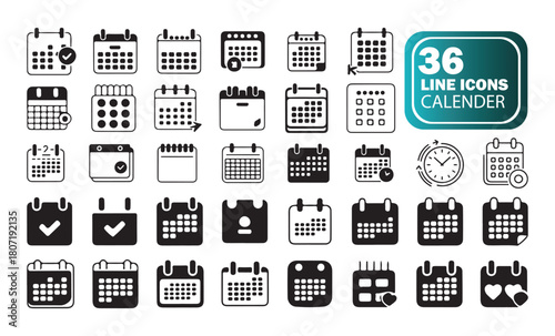 Solid calendar icon collection, date and schedule icons, month and week planner symbols, agenda and event vector illustration
