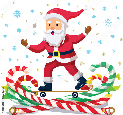 Santa Claus Skateboarding Through Giant Candy Cane Course