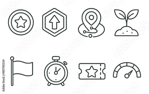 Set of eight simple vector icons on dark background