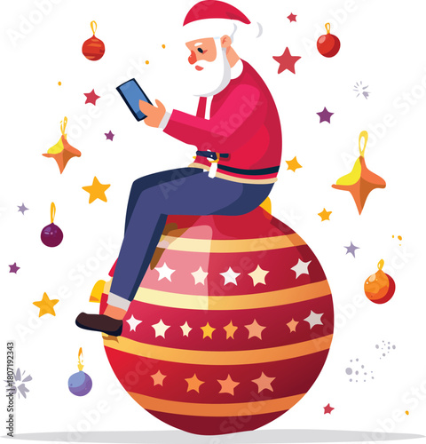 Modern Santa Claus Engaged with Smartphone on Christmas Ornament
