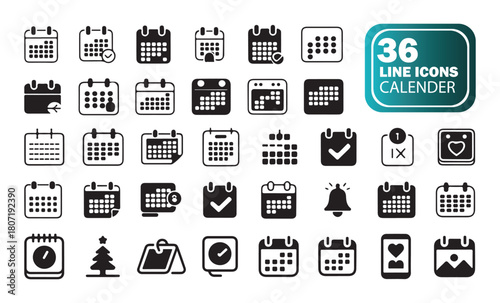 Black and White Calendar Icons . Simple Line Designs for Dates & App Interfaces”
