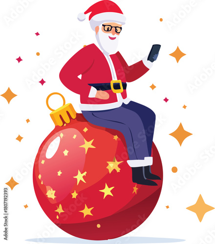 Modern Santa Claus Using Smartphone on Giant Christmas Ornament