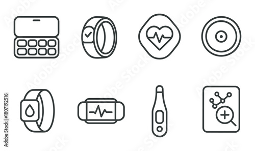 Modern health icons displaying fitness, heart, temperature, and medical technology