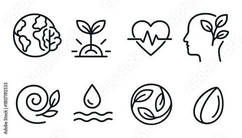 Eco symbols: nature, health, growth, sustainability, ecology icons