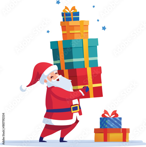 Santa Claus Struggling to Carry Huge Stack of Christmas Gifts Vector