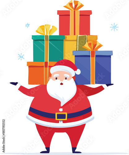 Santa Claus Struggling to Carry Overloaded Stack of Christmas Gifts Vector
