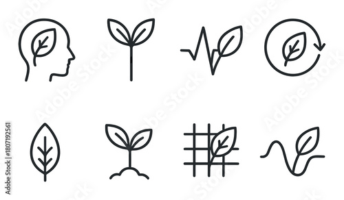 Eco-friendly icon set: nature, health, growth, sustainability symbols on dark background