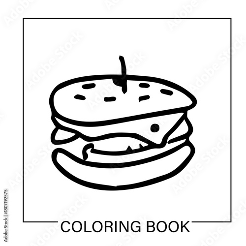 Simple hamburger doodle outline for a coloring book page. Hand-drawn fast food vector illustration for a children's activity