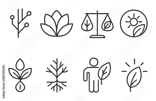 Minimalist eco-friendly icons: nature, balance, growth, and sustainability designs