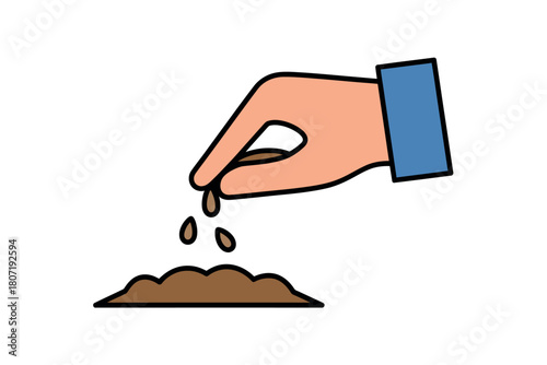 A close-up illustration shows a hand in a blue sleeve sowing seeds into a mound of brown soil.