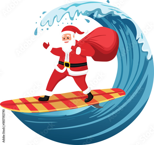 Santa Claus Surfing a Wave on a Festive Surfboard with Gift Bag