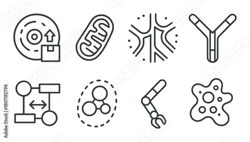 Scientific icons set: dna, neuron, mitochondria, cell diagram, and molecular structures
