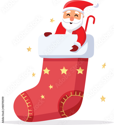 Happy Santa Claus Peeking from Festive Christmas Stocking