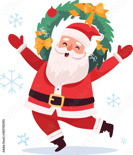 Jolly Santa Claus Dancing with Christmas Wreath and Snowflakes Vector