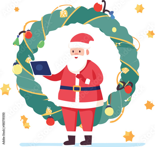 Tech-Savvy Santa Claus with Tablet and Smart Christmas Wreath