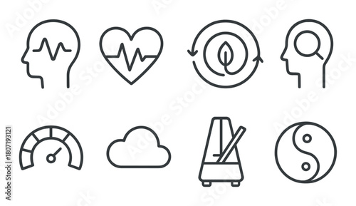 Minimalist wellness icons: heart, mind, nature, balance, cloud, metronome, speed, yin yang
