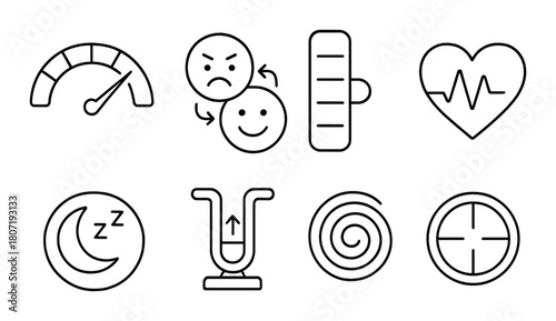 Set of black health and emotion icons featuring speedometer, heartbeat, and sleep symbols