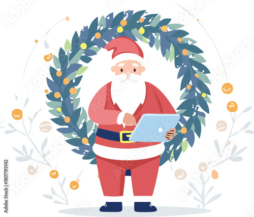 Modern Santa Claus Using Tablet with Smart Christmas Wreath