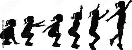 Silhouette sequence of child jumping movement showing growth, activity, energy, balance, playfulness, development, coordination, fitness, motion progression