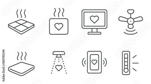 Smart home device icons: heating, cooling, and monitoring symbols with heart motifs