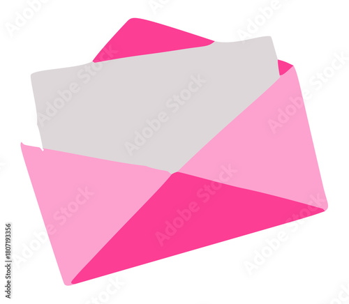 Modern flat design of an open pink envelope holding a message card.