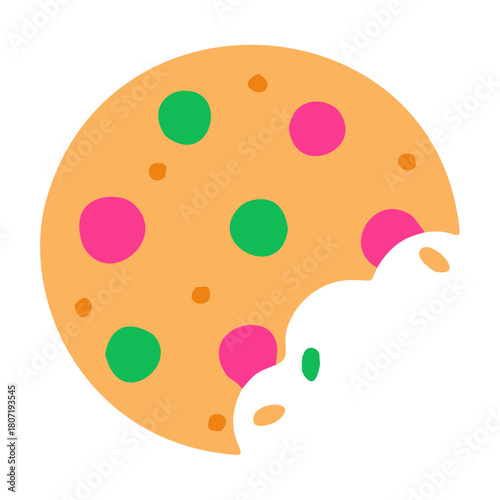 Modern flat design icon of a delicious bitten cookie with vibrant sprinkles.