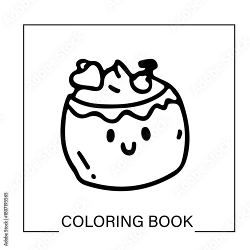 A cute doodle coloring page of a kawaii dessert with a smiley face. Simple line art illustration of a happy ice cream sundae for a children's activity book