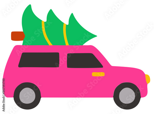 Cute flat design of a vibrant pink car transporting a Christmas tree.