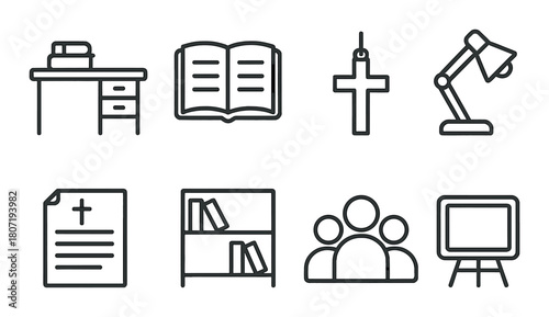 Christian education icons collection with desk, bible, cross, lamp, document, bookshelf, team, and screen