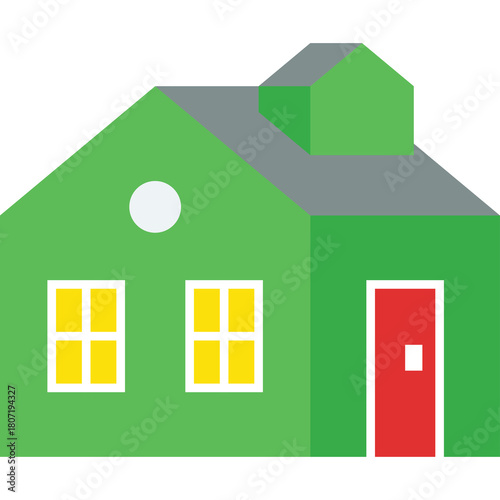 Green House With Red Door And Yellow Windows On Transparent Background