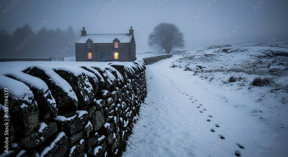 Naklejka premium Winter cabin retreat. Snowy landscape with a cozy stone house. Ideal for holiday cards, travel blog or Christmas designs. Rural tranquility, snowy escape concepts.