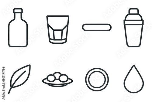 Minimalist cocktail icons: bottle, glass, shaker, leaf, olive, plate, drop