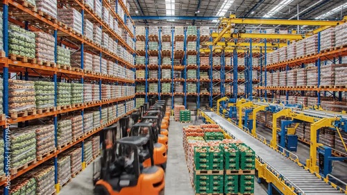 Dynamic produce warehouse scene with forklifts and trucks in motion showing fast paced distribution and logistics in a modern facility