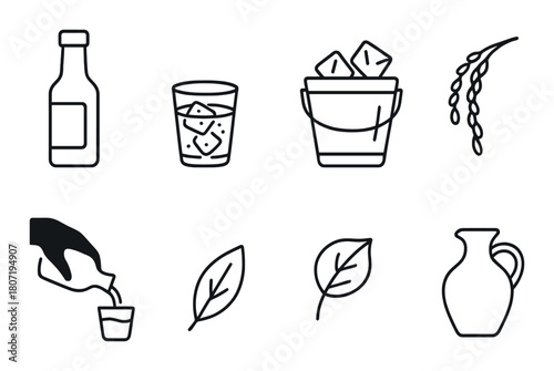 Elegant line icons of beverages and nature elements on dark background