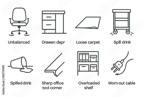 Common office hazards: unbalanced chairs, loose carpets, overloaded shelves, sharp corners, worn-out cables