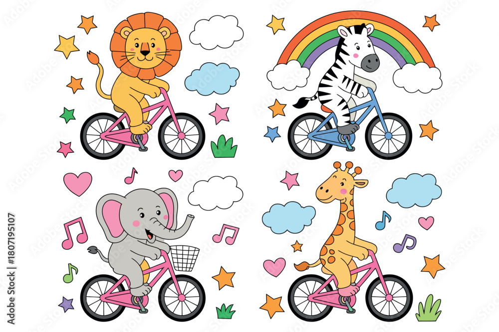 Obraz premium A whimsical collection of cartoon animals, including a lion, zebra, elephant, and giraffe, joyfully riding bicycles through a colorful, playful sky.