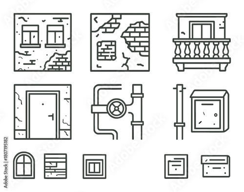 Vintage architectural elements illustration featuring windows, doors, and balcony details