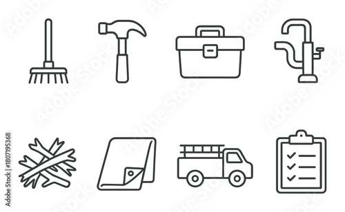Set of grayscale utility icons: hammer, toolbox, firetruck, and more
