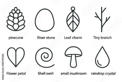 Nature icon set featuring pinecone, river stone, leaf, branch, petal, swirl, mushroom, raindrop