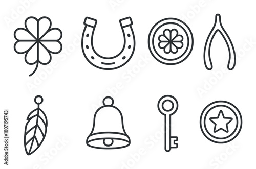 Outline of lucky charms: clover, horseshoe, wishbone, key, bell, star, leaf, wheel
