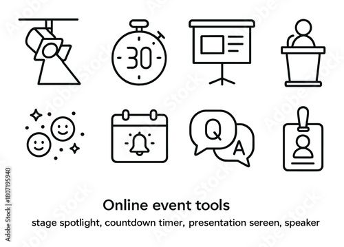 Online event tools: spotlight, countdown timer, presentation screen, speaker icon