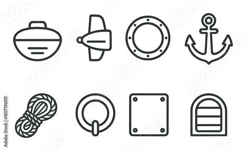 Maritime icons: lifebuoy, anchor, porthole, rope, and hatch on slate background