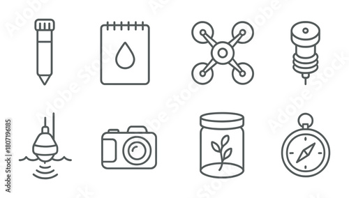 Collection of eight grey outline icons on striped background