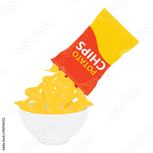 Potato chips package and plate of chips, isolated on white background. Chips bag with falling potato chips in bowl filled with pile of crisps