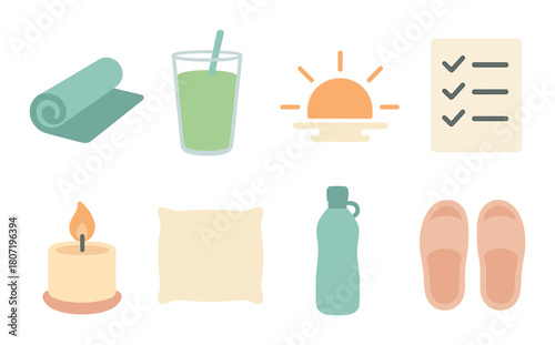 Morning wellness essentials: meditation, healthy drink, sunrise, checklist, candle, pillow, water bottle, slippers